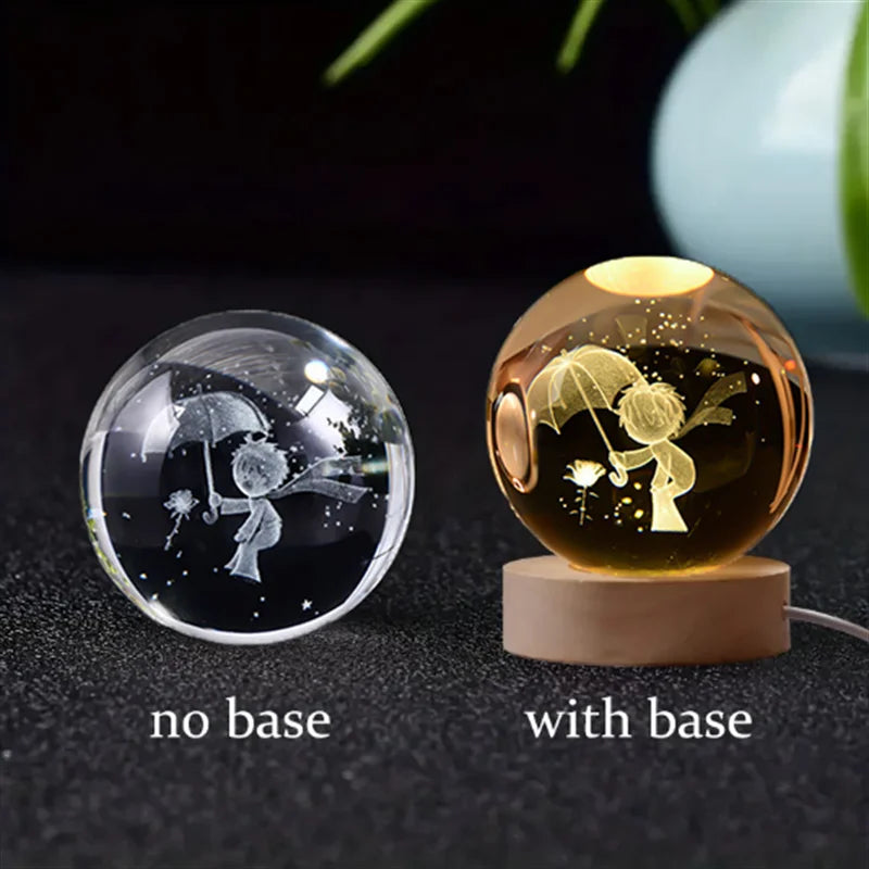 6Cm 3D Crystal Ball Glass Planet LED Warm Night Light Laser Engraved Solar System Globe Universe Birthday Gift Wooden Base