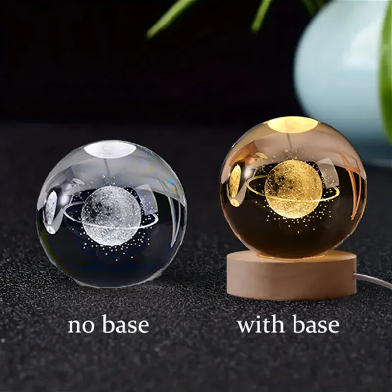 6Cm 3D Crystal Ball Glass Planet LED Warm Night Light Laser Engraved Solar System Globe Universe Birthday Gift Wooden Base